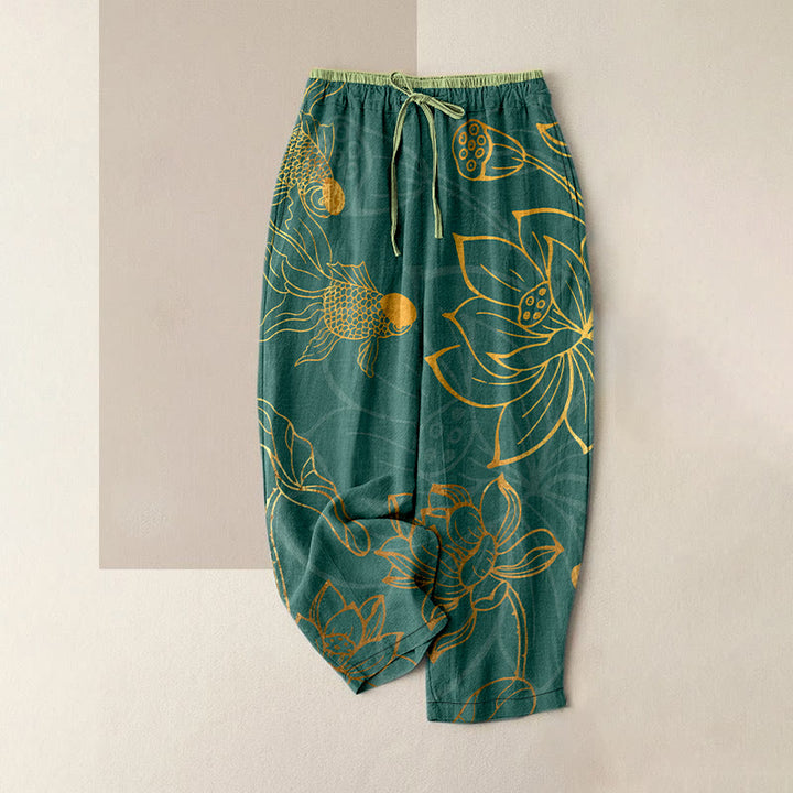 Buddha Stones Pantalones casuales de algodón para mujer con estampado de hojas de loto y peces koi, cintura elástica y bolsillos. - cian oscuro - US16，UK/AU20，EU48 (3XL) - image 0