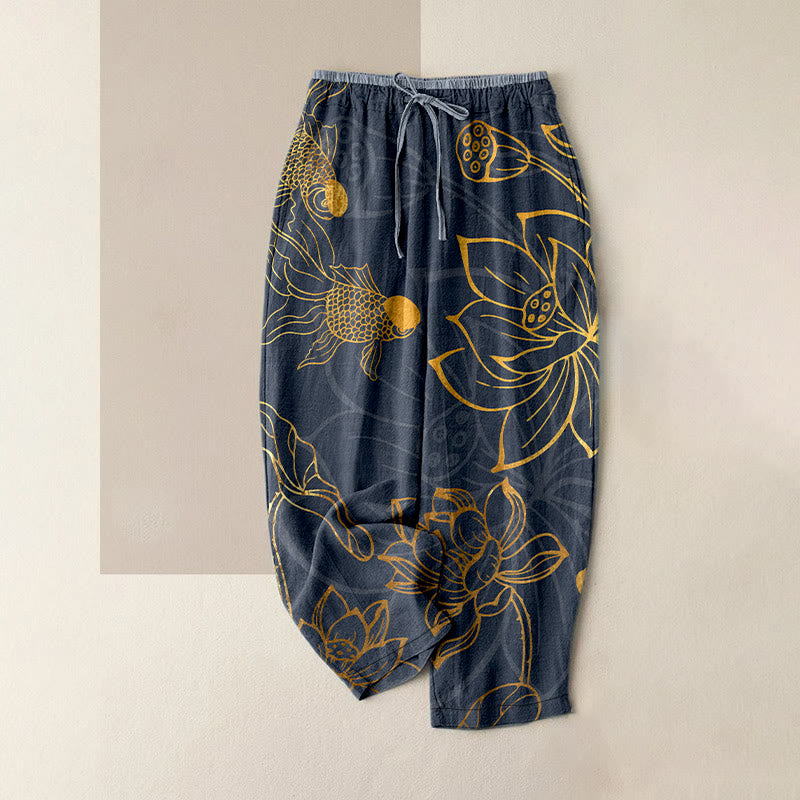 Buddha Stones Pantalones casuales de algodón para mujer con estampado de hojas de loto y peces koi, cintura elástica y bolsillos. - Gris oscuro - US16，UK/AU20，EU48 (3XL) - image 4