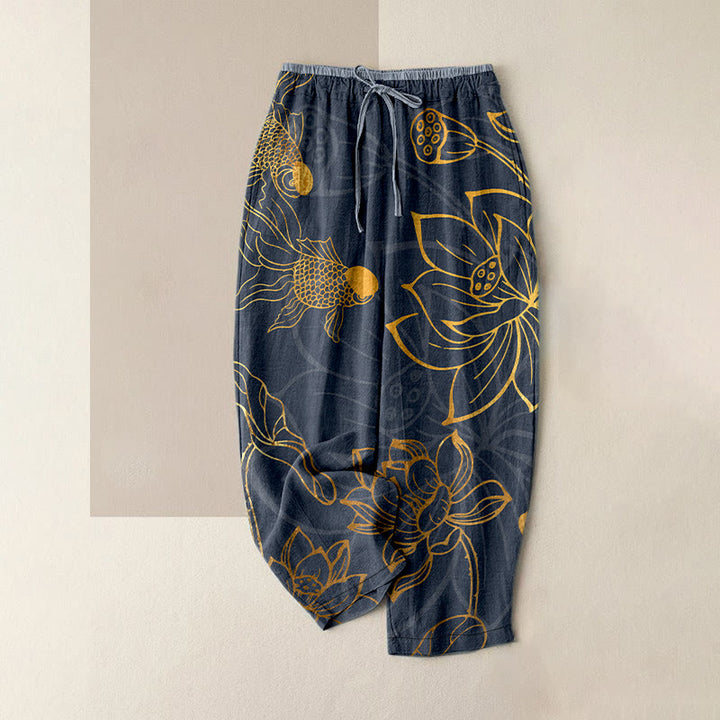 Buddha Stones Pantalones casuales de algodón para mujer con estampado de hojas de loto y peces koi, cintura elástica y bolsillos. - Gris oscuro - US16，UK/AU20，EU48 (3XL) - image 4