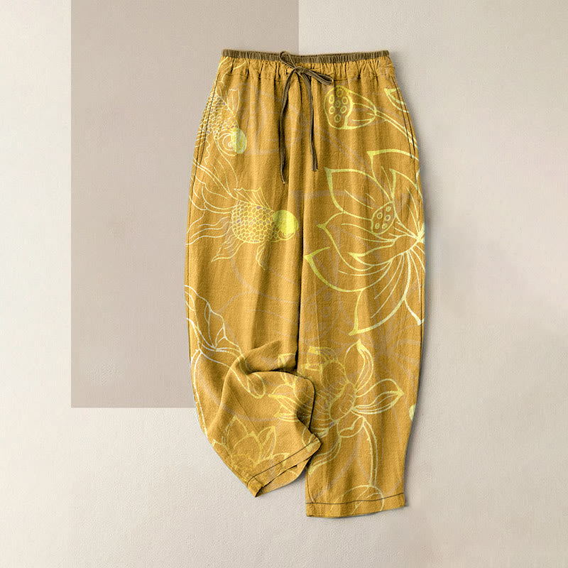 Buddha Stones Pantalones casuales de algodón para mujer con estampado de hojas de loto y peces koi, cintura elástica y bolsillos. - Oro - US16，UK/AU20，EU48 (3XL) - image 5