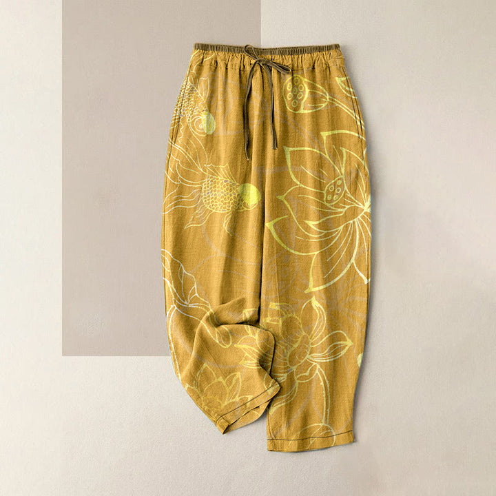 Buddha Stones Pantalones casuales de algodón para mujer con estampado de hojas de loto y peces koi, cintura elástica y bolsillos. - Oro - US16，UK/AU20，EU48 (3XL) - image 5