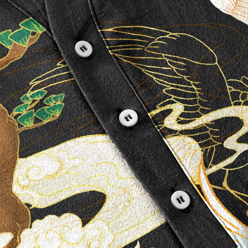 Buddha Stones Camisa de manga corta con medio botón para hombre con estampado de pinos y nubes auspiciosas de Cotton Crane. - image 3