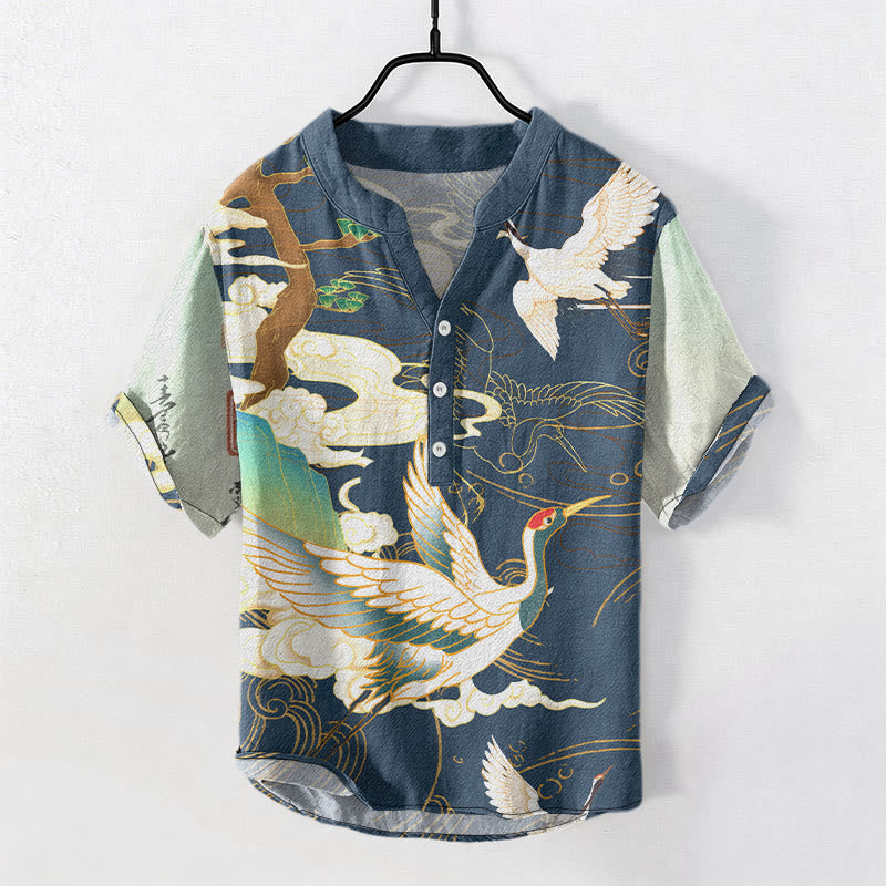 Buddha Stones Camisa de manga corta con medio botón para hombre con estampado de pinos y nubes auspiciosas de Cotton Crane. - Azul acero - US/UK/AU50, EU60 (5XL) - image 4