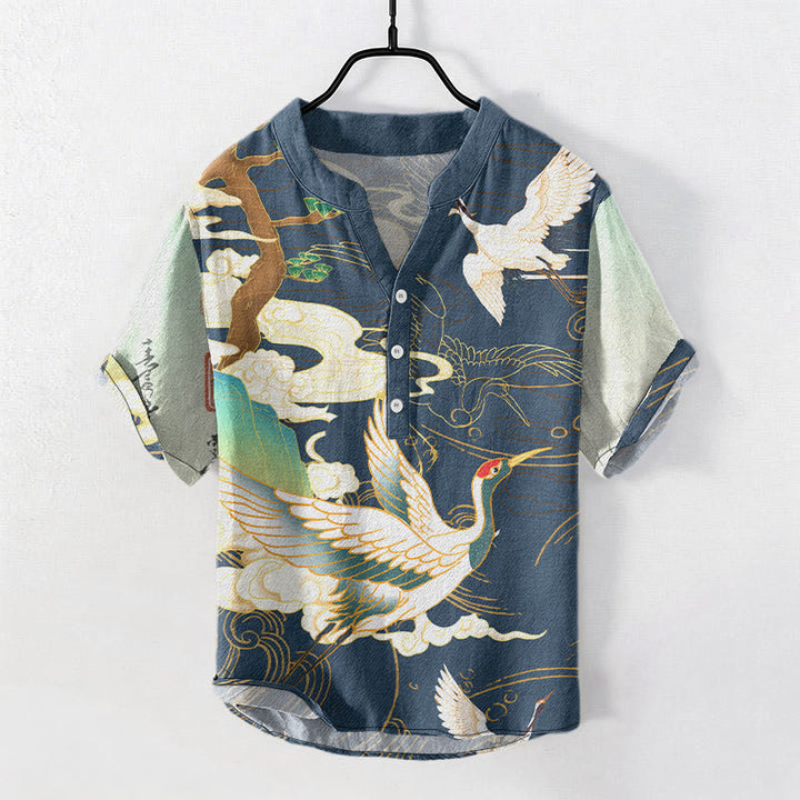 Buddha Stones Camisa de manga corta con medio botón para hombre con estampado de pinos y nubes auspiciosas de Cotton Crane. - Azul acero - US/UK/AU50, EU60 (5XL) - image 4