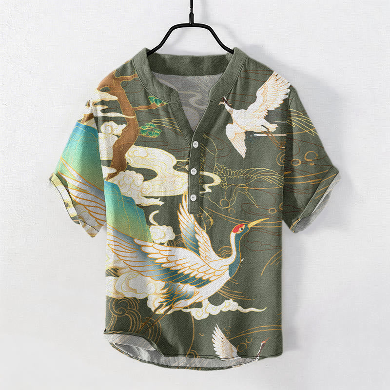 Buddha Stones Camisa de manga corta con medio botón para hombre con estampado de pinos y nubes auspiciosas de Cotton Crane. - Verde mar oscuro - US/UK/AU50, EU60 (5XL) - image 6