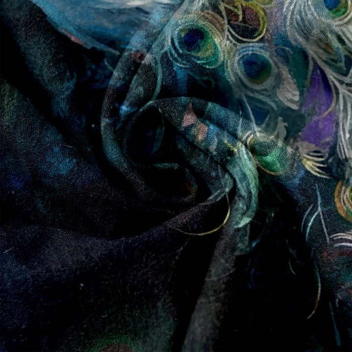 Buddha Stones Pantalones casuales de algodón con un precioso estampado de pavo real, cintura elástica y bolsillos para mujer. - image 3