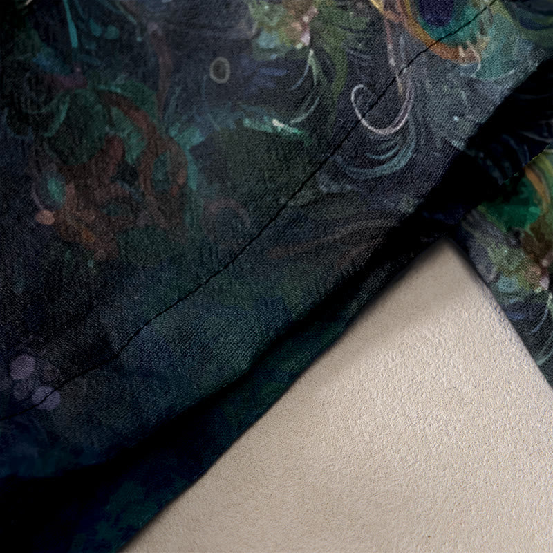 Buddha Stones Pantalones casuales de algodón con un precioso estampado de pavo real, cintura elástica y bolsillos para mujer. - image 2