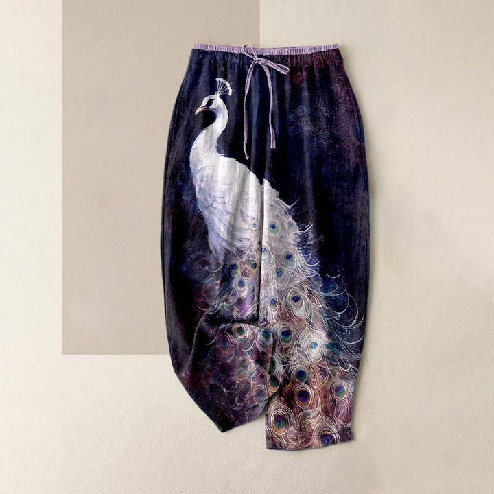 Buddha Stones Pantalones casuales de algodón con un precioso estampado de pavo real, cintura elástica y bolsillos para mujer. - Índigo - US16，UK/AU20，EU48 (3XL) - image 5