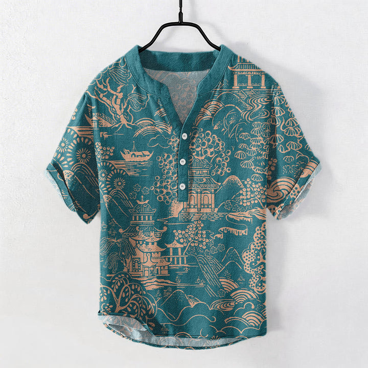 Buddha Stones Camisa de manga corta con medio botón para hombre, de algodón, con estampado de paisaje de torres naturales. - Azul cadete - US/UK/AU50, EU60 (5XL) - image 0