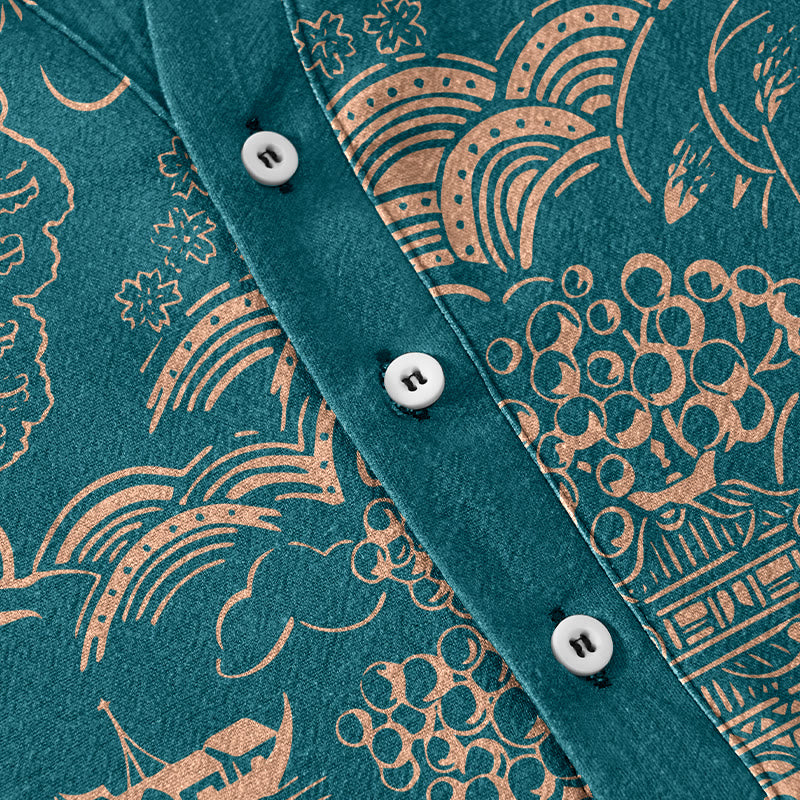 Buddha Stones Camisa de manga corta con medio botón para hombre, de algodón, con estampado de paisaje de torres naturales. - image 3
