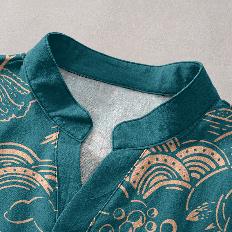 Buddha Stones Camisa de manga corta con medio botón para hombre, de algodón, con estampado de paisaje de torres naturales. - image 2