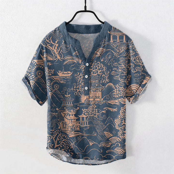 Buddha Stones Camisa de manga corta con medio botón para hombre, de algodón, con estampado de paisaje de torres naturales. - Azul acero - US/UK/AU50, EU60 (5XL) - image 4