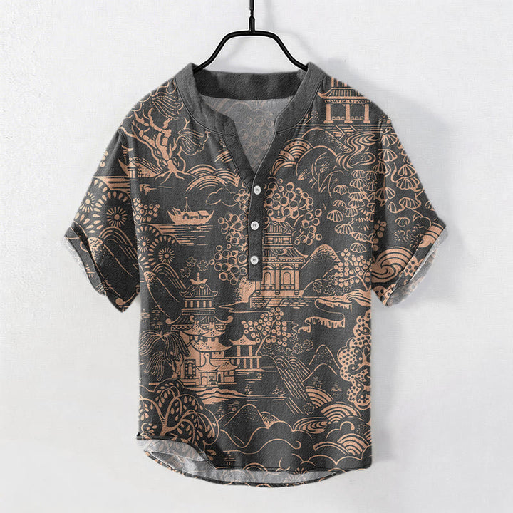 Buddha Stones Camisa de manga corta con medio botón para hombre, de algodón, con estampado de paisaje de torres naturales. - Gris oscuro - US/UK/AU50, EU60 (5XL) - image 6