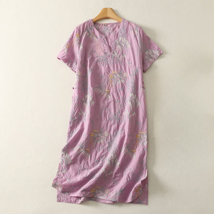 Buddha Stones Vestido midi de algodón de manga corta con cuello en V, diseño floral y bolsillos, ideal para el verano. - Ciruela - US8-10，UK/AU12-14，EU40-42 (2XL) - image 0