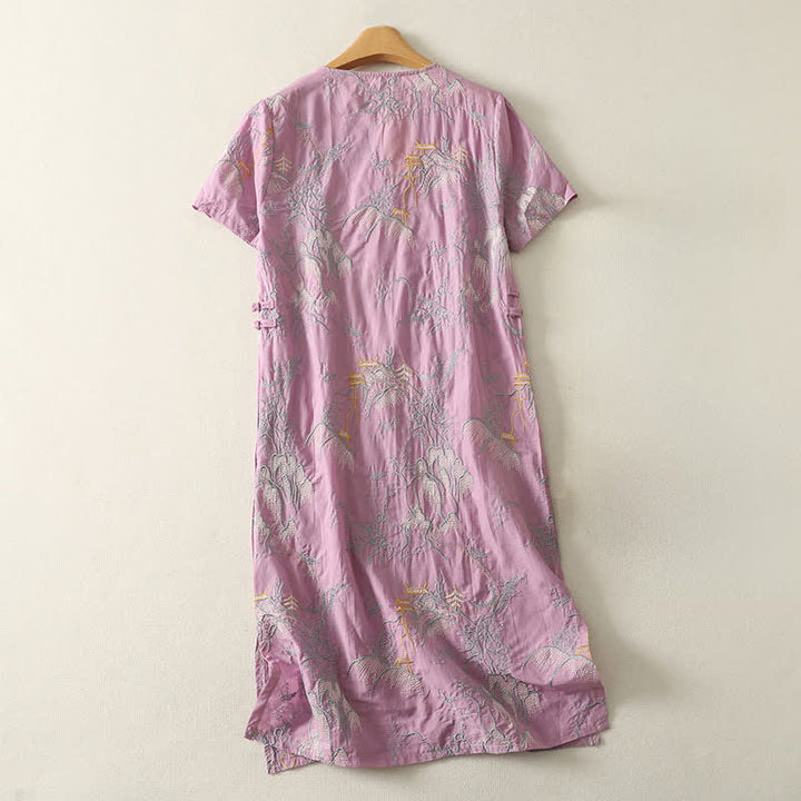 Buddha Stones Vestido midi de algodón de manga corta con cuello en V, diseño floral y bolsillos, ideal para el verano. - image 1