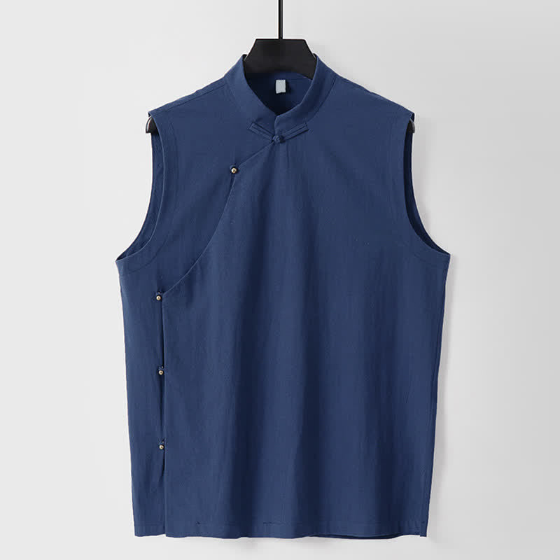 Buddha Stones Chaleco sin mangas de algodón y lino para hombre, color liso, cuello alto y cierre de botones de rana. - Azul oscuro - US./ UK/ 56, UE 66 (9XL) - image 0