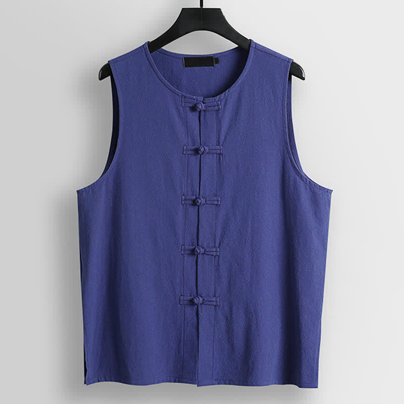 Buddha Stones Chaleco sin mangas de algodón y lino para hombre con cuello redondo y botones de estilo retro. - Azul pizarra - US./ UK/ 56, UE 66 (9XL) - image 10