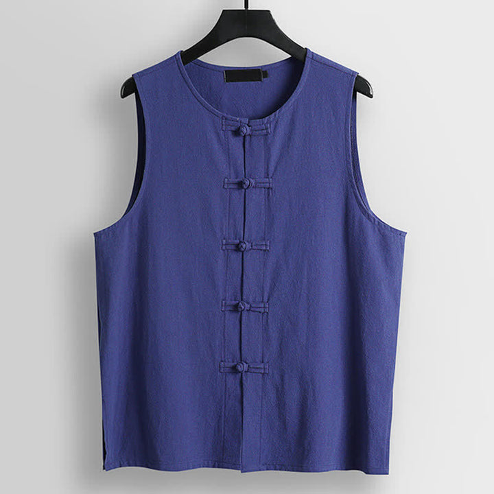 Buddha Stones Chaleco sin mangas de algodón y lino para hombre con cuello redondo y botones de estilo retro. - Azul pizarra - US./ UK/ 56, UE 66 (9XL) - image 10