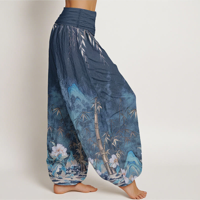 Buddha Stones Pantalones harem de mujer con cintura elástica y estampado de flores de bambú y paisaje natural de algodón. - image 1