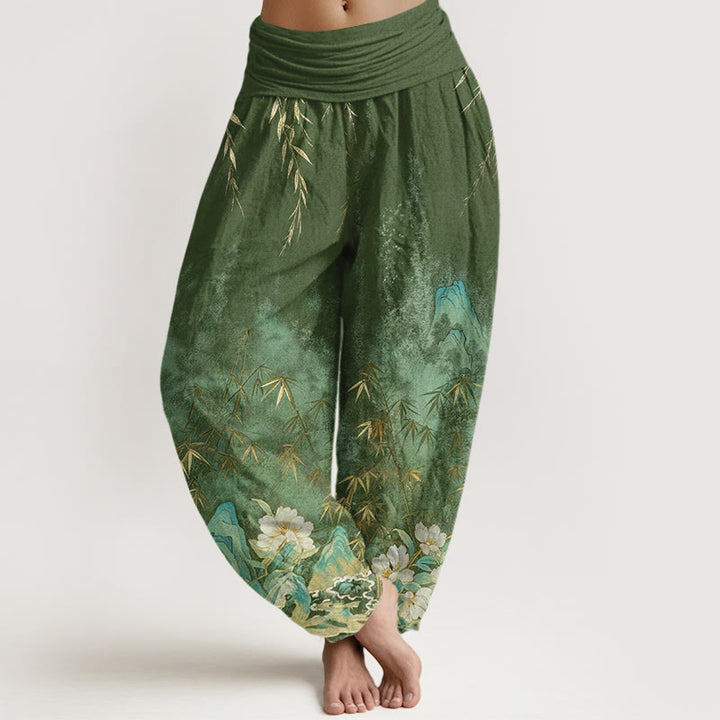 Buddha Stones Pantalones harem de mujer con cintura elástica y estampado de flores de bambú y paisaje natural de algodón. - Verde mar oscuro - US16，UK/AU20，EU48 (3XL) - image 5