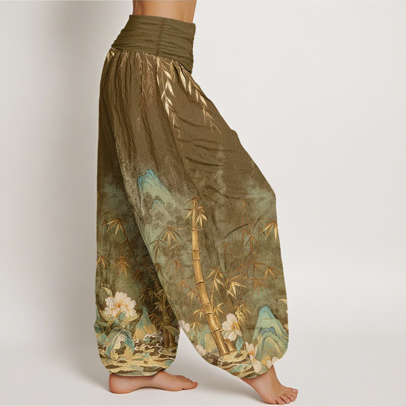 Buddha Stones Pantalones harem de mujer con cintura elástica y estampado de flores de bambú y paisaje natural de algodón. - image 9