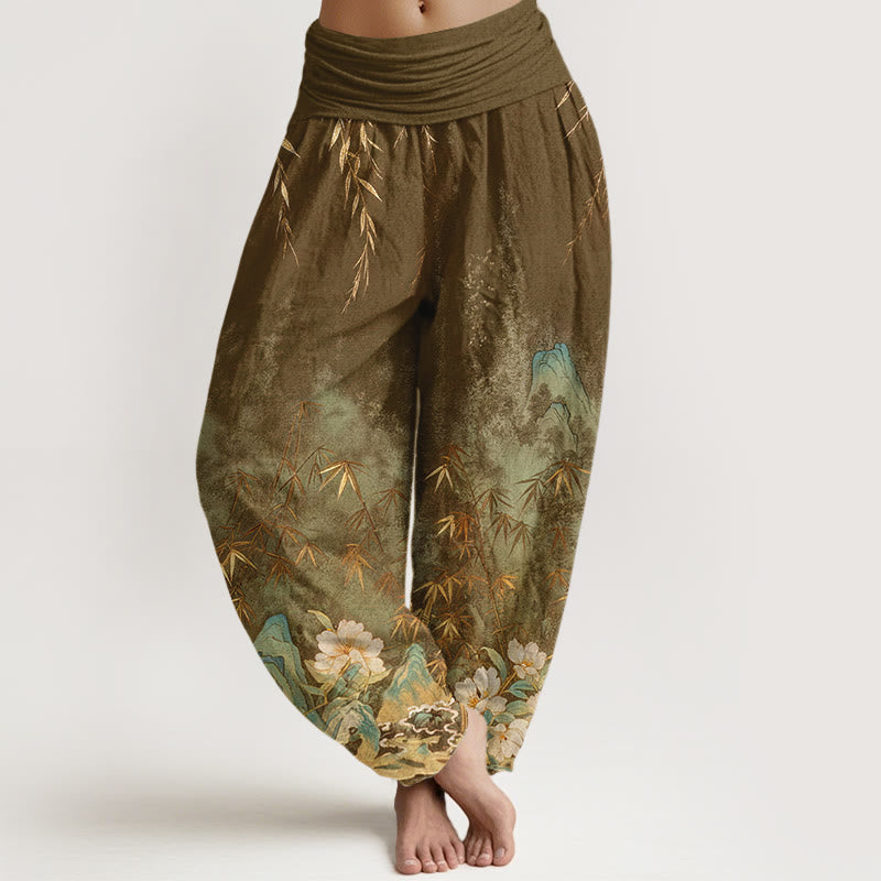 Buddha Stones Pantalones harem de mujer con cintura elástica y estampado de flores de bambú y paisaje natural de algodón. - Vara de oro oscura - US16，UK/AU20，EU48 (3XL) - image 8