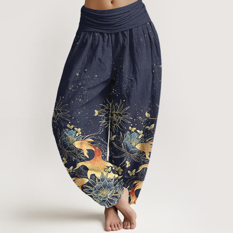 Buddha Stones Pantalones harem de algodón con estampado de mariposas, peces koi y loto para mujer, con cintura elástica. - Azul medianoche - US16，UK/AU20，EU48 (3XL) - image 0