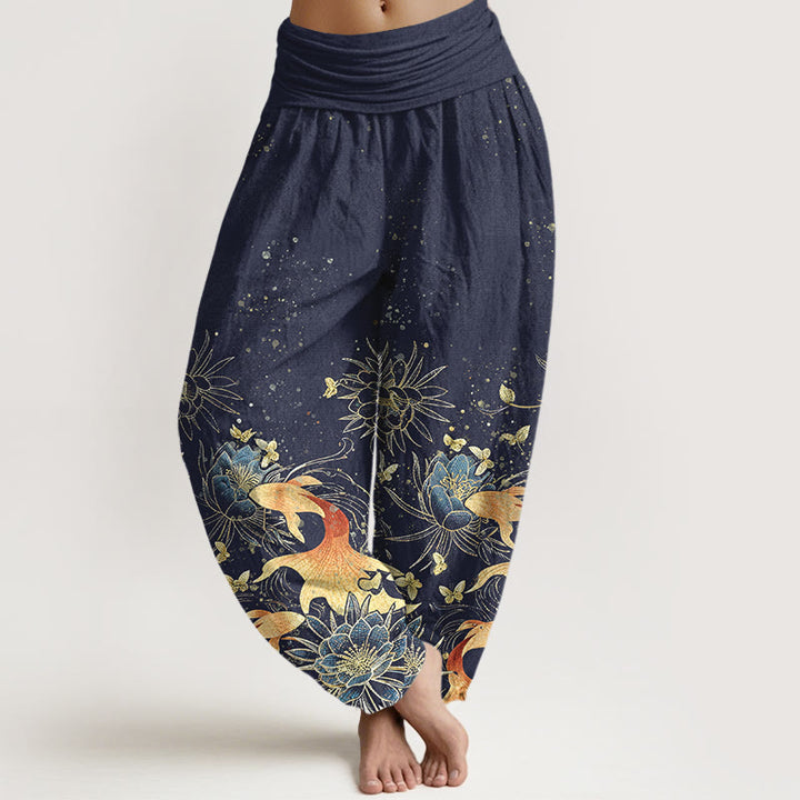 Buddha Stones Pantalones harem de algodón con estampado de mariposas, peces koi y loto para mujer, con cintura elástica. - Azul medianoche - US16，UK/AU20，EU48 (3XL) - image 0