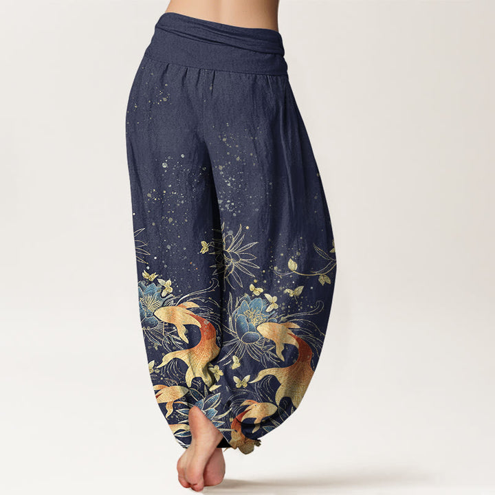 Buddha Stones Pantalones harem de algodón con estampado de mariposas, peces koi y loto para mujer, con cintura elástica. - image 2