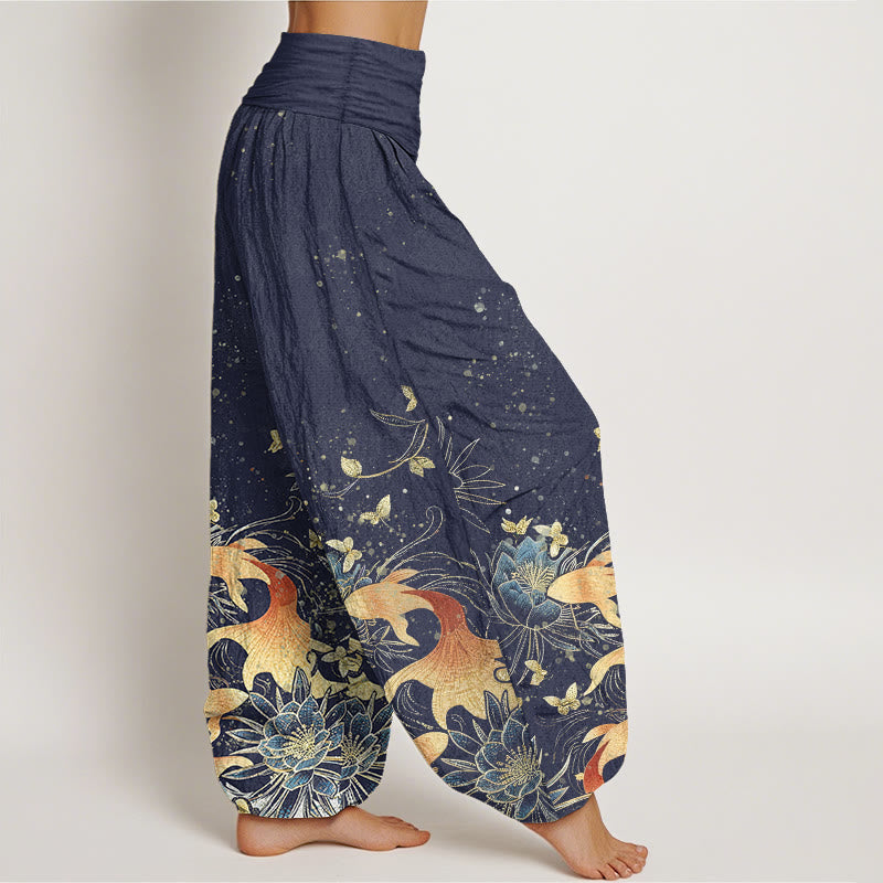 Buddha Stones Pantalones harem de algodón con estampado de mariposas, peces koi y loto para mujer, con cintura elástica. - image 1
