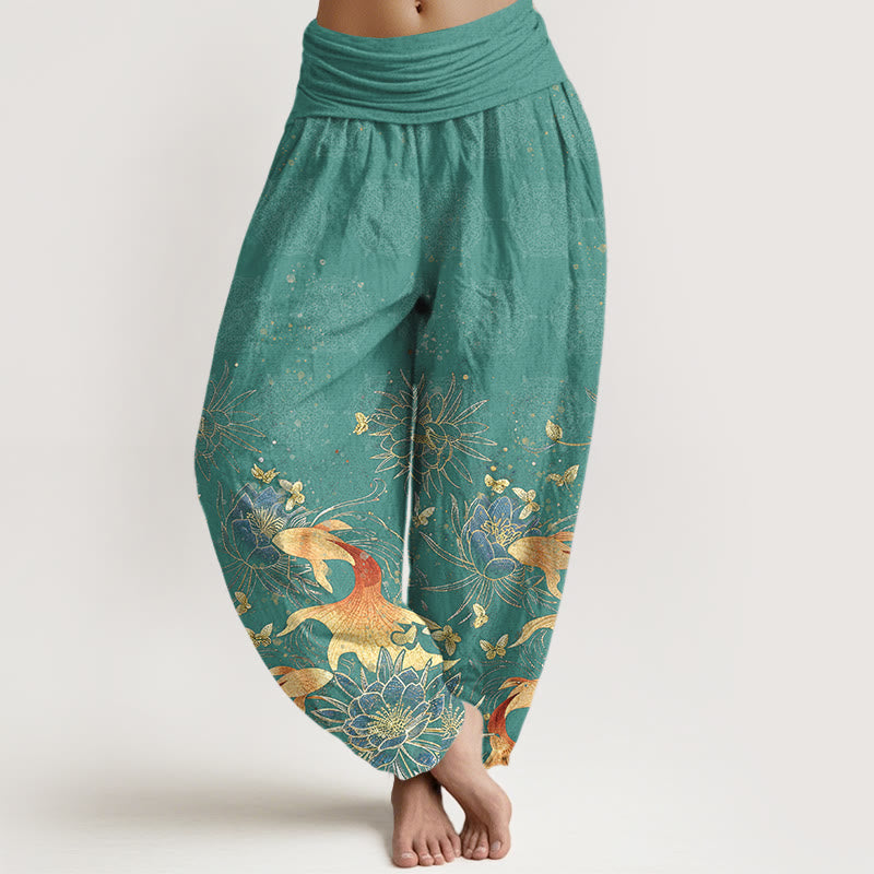 Buddha Stones Pantalones harem de algodón con estampado de mariposas, peces koi y loto para mujer, con cintura elástica. - Azul cadete - US16，UK/AU20，EU48 (3XL) - image 5