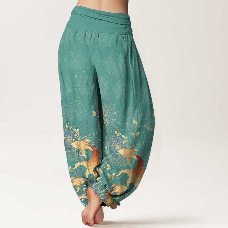 Buddha Stones Pantalones harem de algodón con estampado de mariposas, peces koi y loto para mujer, con cintura elástica. - image 7