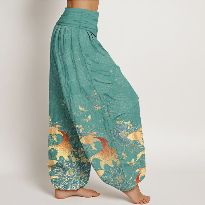 Buddha Stones Pantalones harem de algodón con estampado de mariposas, peces koi y loto para mujer, con cintura elástica. - image 6