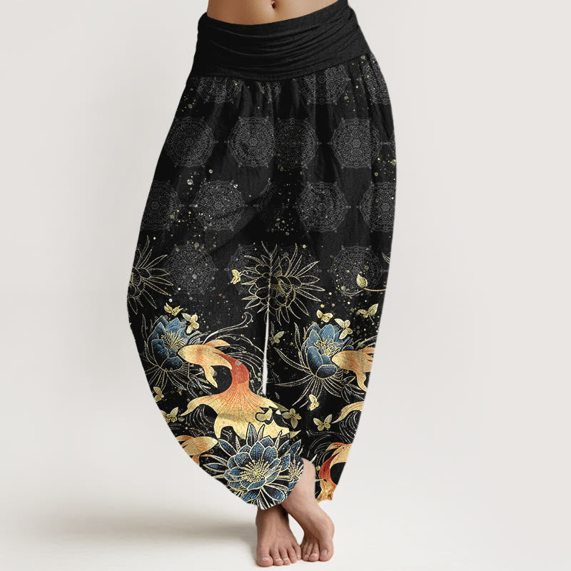 Buddha Stones Pantalones harem de algodón con estampado de mariposas, peces koi y loto para mujer, con cintura elástica. - Negro - US16，UK/AU20，EU48 (3XL) - image 8