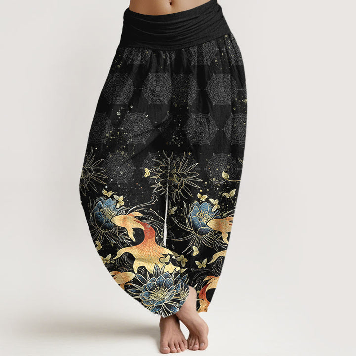 Buddha Stones Pantalones harem de algodón con estampado de mariposas, peces koi y loto para mujer, con cintura elástica. - Negro - US16，UK/AU20，EU48 (3XL) - image 8