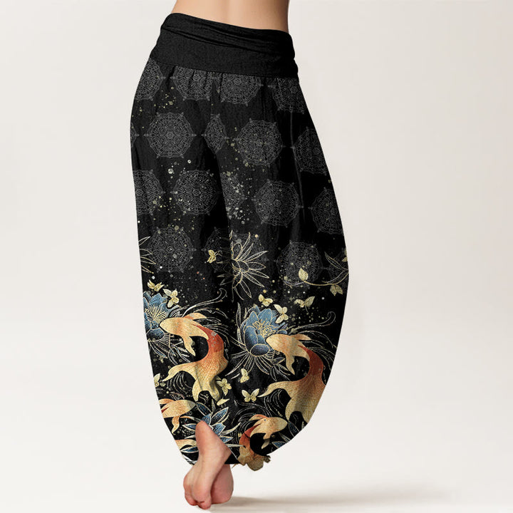 Buddha Stones Pantalones harem de algodón con estampado de mariposas, peces koi y loto para mujer, con cintura elástica. - image 10