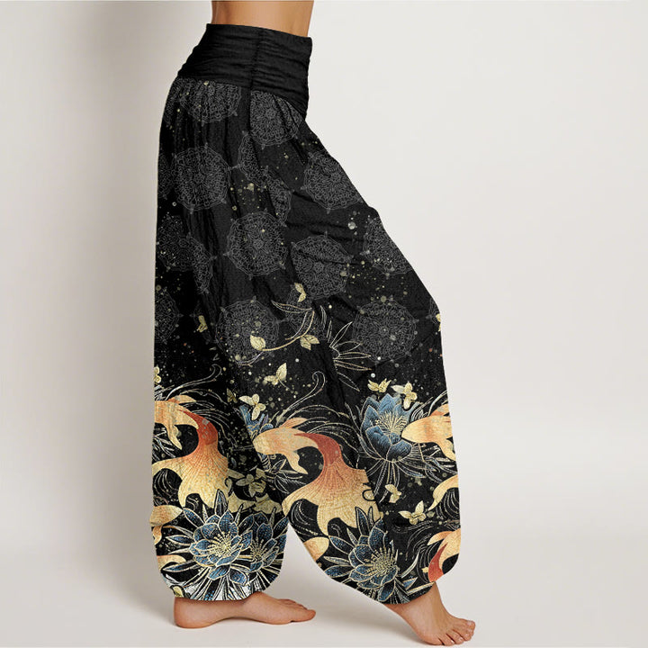Buddha Stones Pantalones harem de algodón con estampado de mariposas, peces koi y loto para mujer, con cintura elástica. - image 9