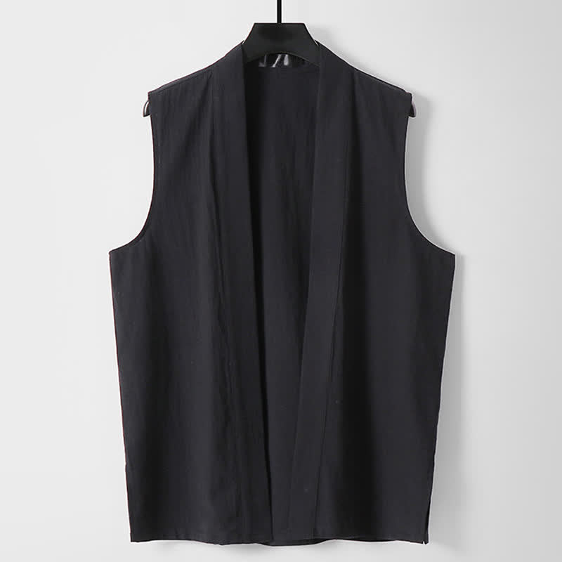 Buddha Stones Kimono de algodón y lino sin mangas para hombre, de color liso y diseño abierto, ideal para primavera. - Negro - US./ UK/ 56, UE 66 (9XL) - image 10