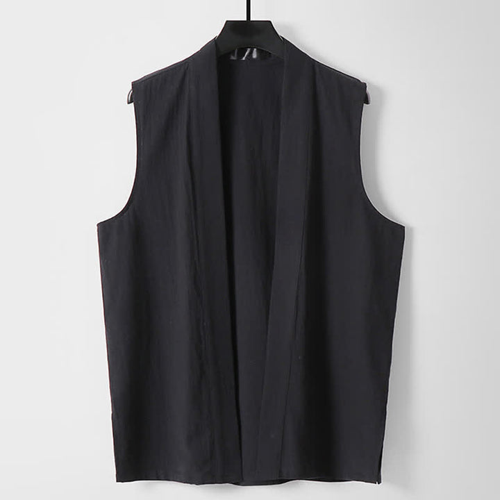 Buddha Stones Kimono de algodón y lino sin mangas para hombre, de color liso y diseño abierto, ideal para primavera. - Negro - US./ UK/ 56, UE 66 (9XL) - image 10