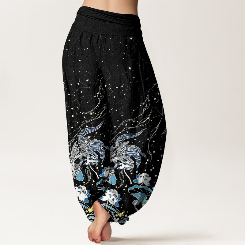Buddha Stones Pantalones harem de mujer con cintura elástica, estampado de cielo estrellado, peces koi, loto y olas, de algodón. - image 2