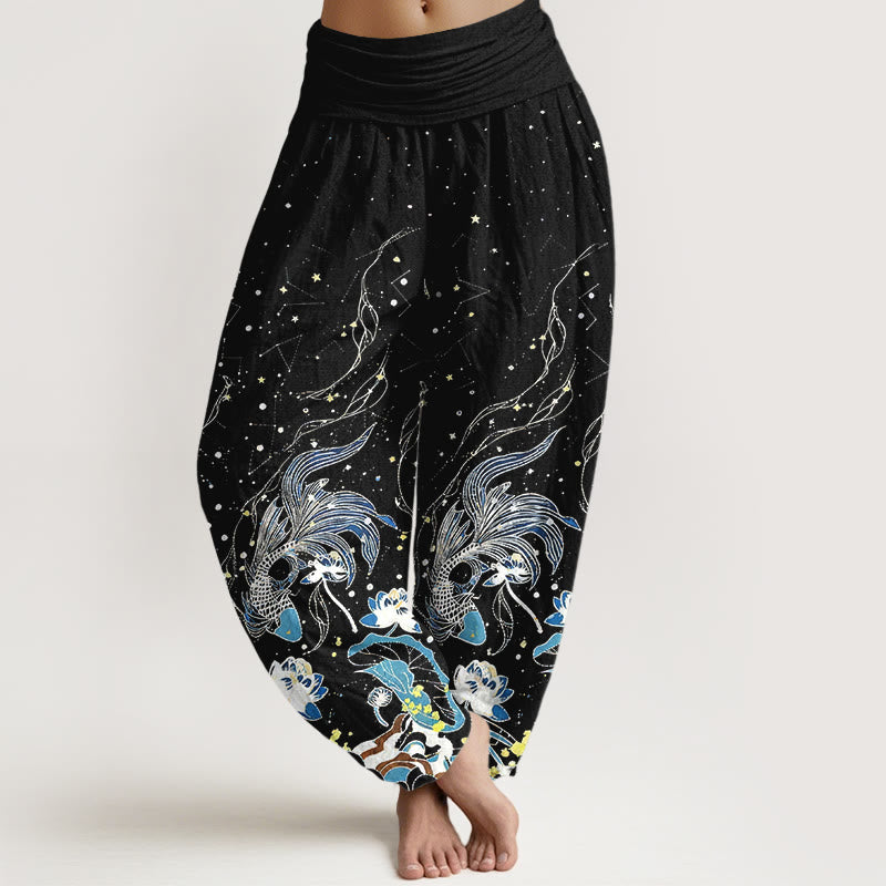 Buddha Stones Pantalones harem de mujer con cintura elástica, estampado de cielo estrellado, peces koi, loto y olas, de algodón. - Negro - US16，UK/AU20，EU48 (3XL) - image 0