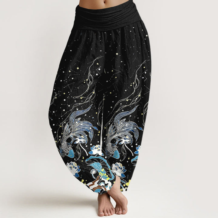 Buddha Stones Pantalones harem de mujer con cintura elástica, estampado de cielo estrellado, peces koi, loto y olas, de algodón. - Negro - US16，UK/AU20，EU48 (3XL) - image 0