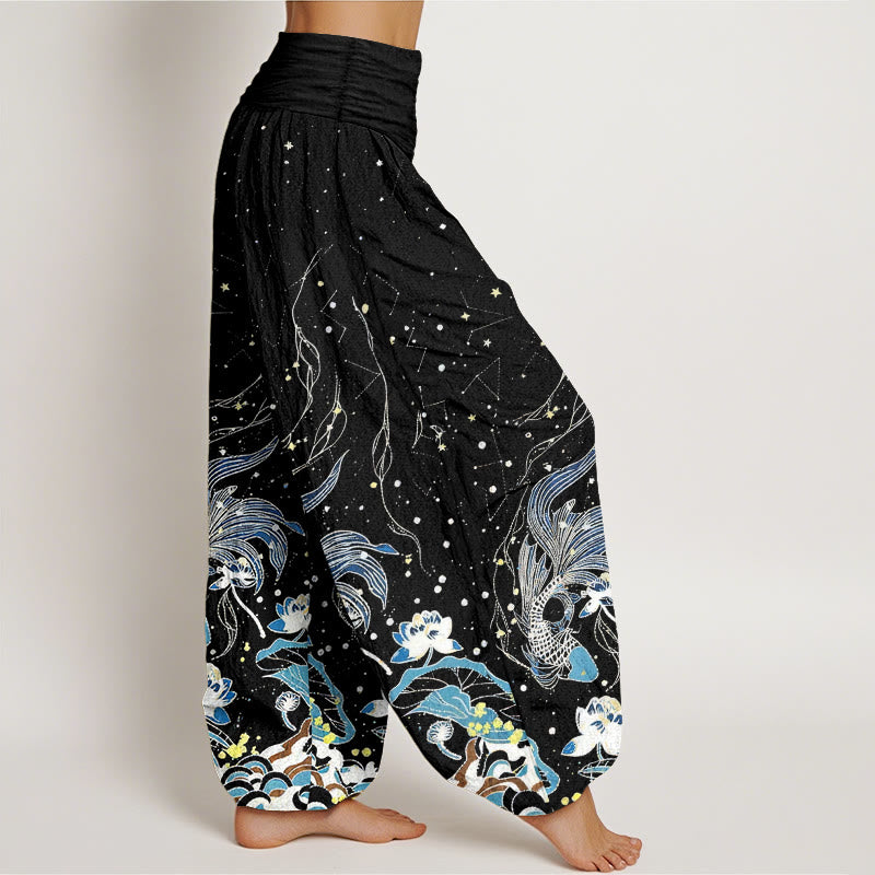 Buddha Stones Pantalones harem de mujer con cintura elástica, estampado de cielo estrellado, peces koi, loto y olas, de algodón. - image 1