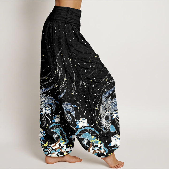 Buddha Stones Pantalones harem de mujer con cintura elástica, estampado de cielo estrellado, peces koi, loto y olas, de algodón. - image 1