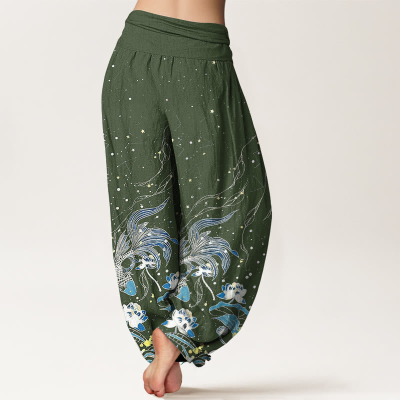 Buddha Stones Pantalones harem de mujer con cintura elástica, estampado de cielo estrellado, peces koi, loto y olas, de algodón. - image 7
