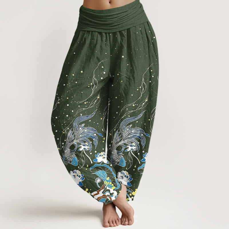 Buddha Stones Pantalones harem de mujer con cintura elástica, estampado de cielo estrellado, peces koi, loto y olas, de algodón. - Verde oliva oscuro - US16，UK/AU20，EU48 (3XL) - image 5
