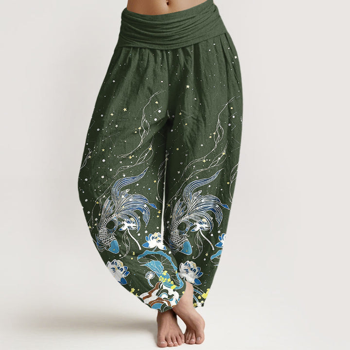 Buddha Stones Pantalones harem de mujer con cintura elástica, estampado de cielo estrellado, peces koi, loto y olas, de algodón. - Verde oliva oscuro - US16，UK/AU20，EU48 (3XL) - image 5