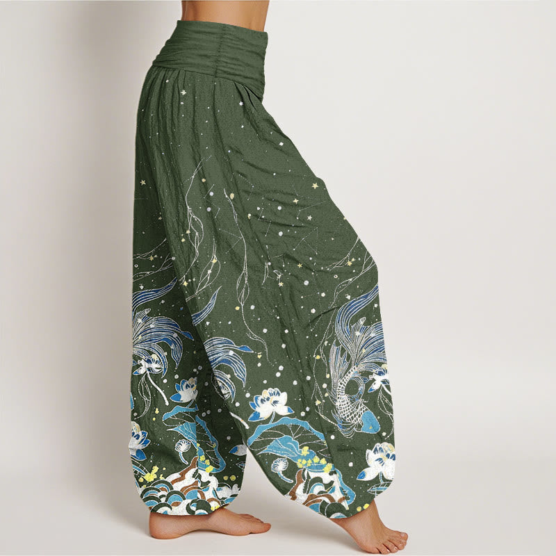 Buddha Stones Pantalones harem de mujer con cintura elástica, estampado de cielo estrellado, peces koi, loto y olas, de algodón. - image 6