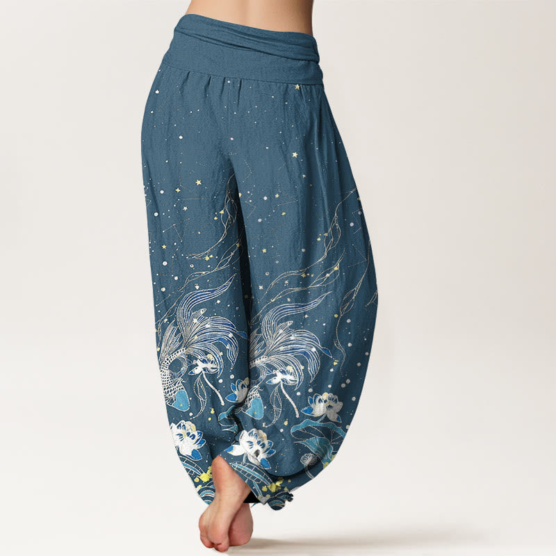 Buddha Stones Pantalones harem de mujer con cintura elástica, estampado de cielo estrellado, peces koi, loto y olas, de algodón. - image 10