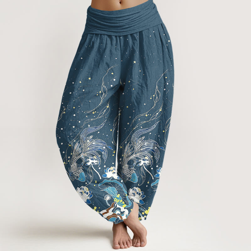 Buddha Stones Pantalones harem de mujer con cintura elástica, estampado de cielo estrellado, peces koi, loto y olas, de algodón. - Azul acero - US16，UK/AU20，EU48 (3XL) - image 8